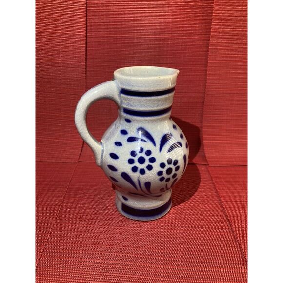 Ceramic Floral Pitcher / Small Size /Pottery Spout Handle / Folk Art /Blue Paint - Picture 5 of 12